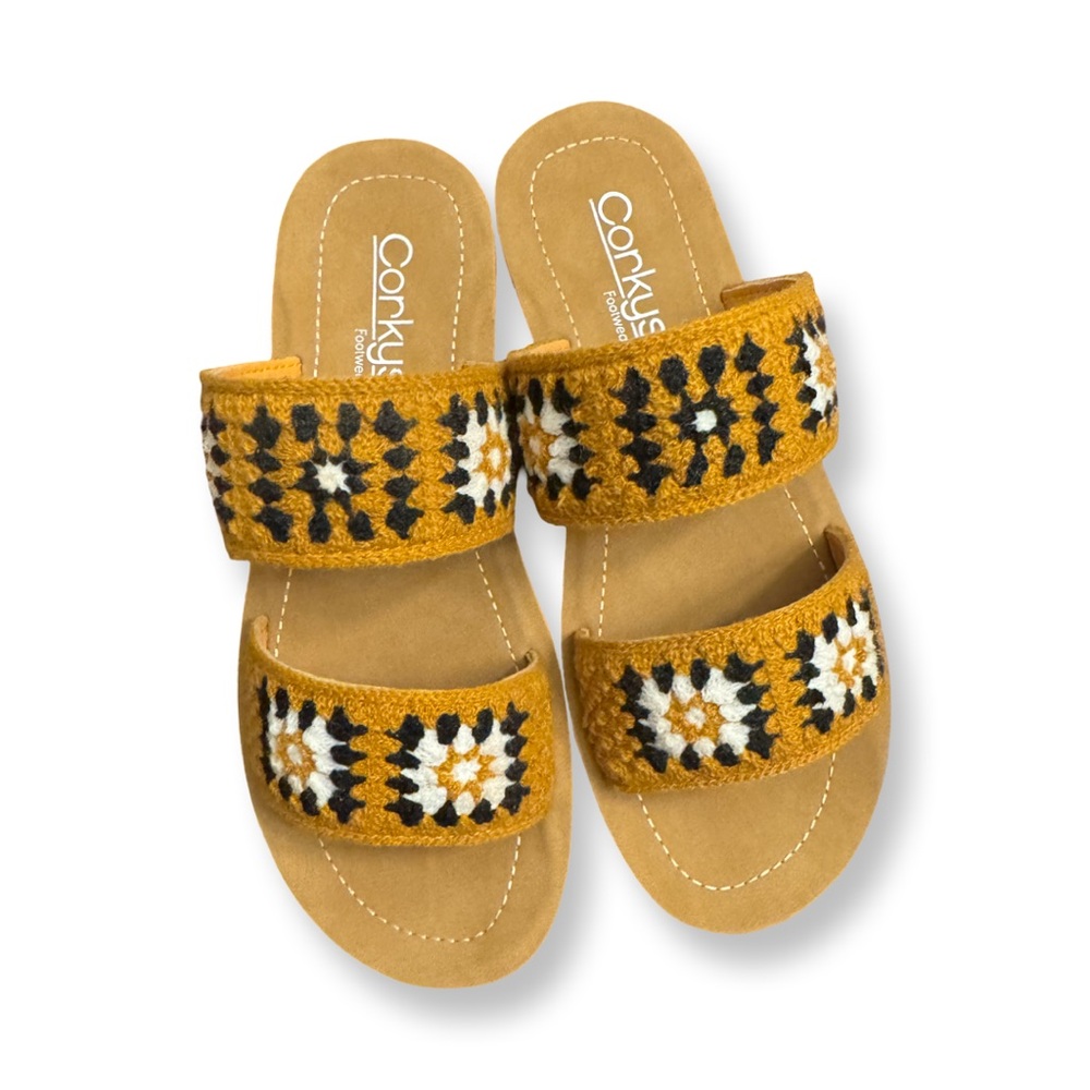 New Corkys Toodles Black Mustard Yellow Crochet Sandals